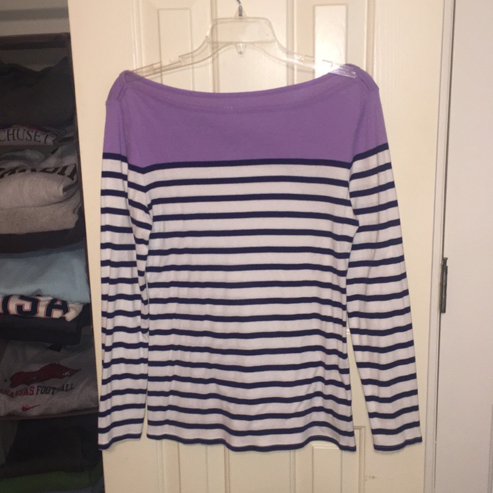 Purple and navy/white striped shirt